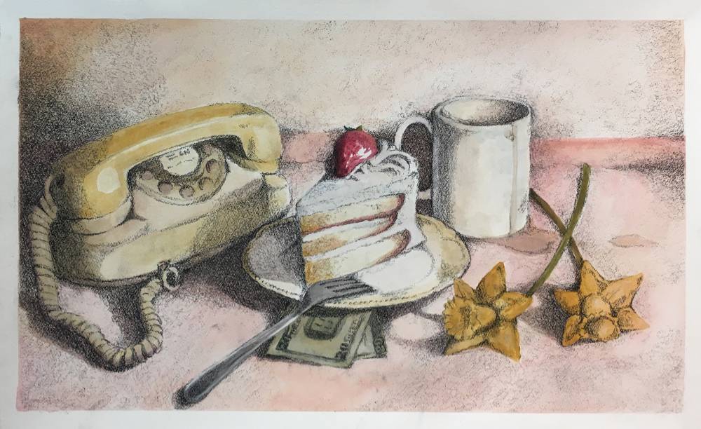 Still life drawing from ART 157 - Foundations: Intro to Drawing II, featuring a rotary phone, a slice of cake, a mug, and flowers